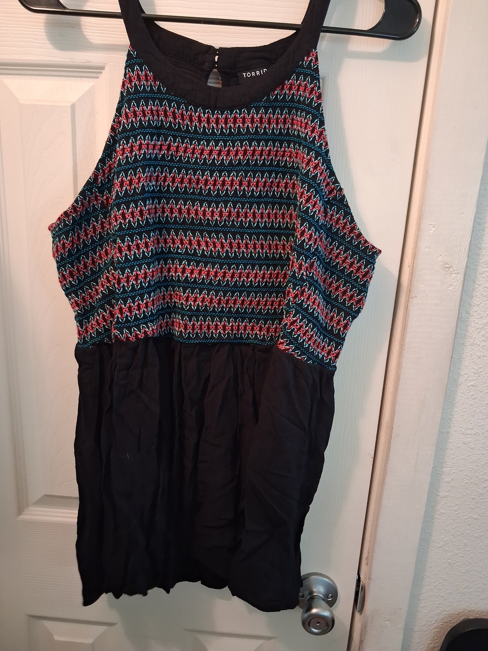 Torrid Black Halter Tank Top with Pink And Blue Patterned Bodice